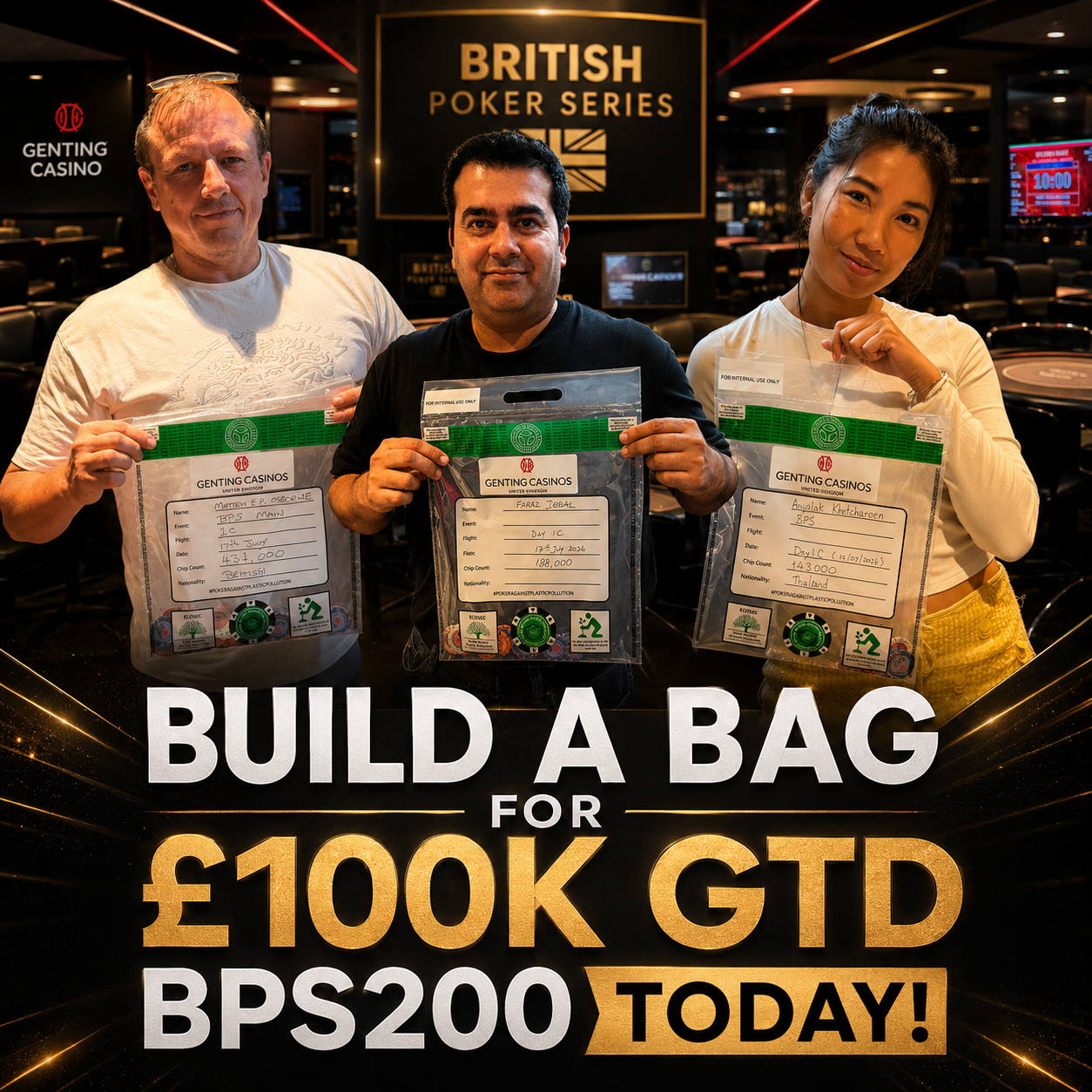 BPS200 players holding bagged chip stacks for the £100,000 guaranteed event