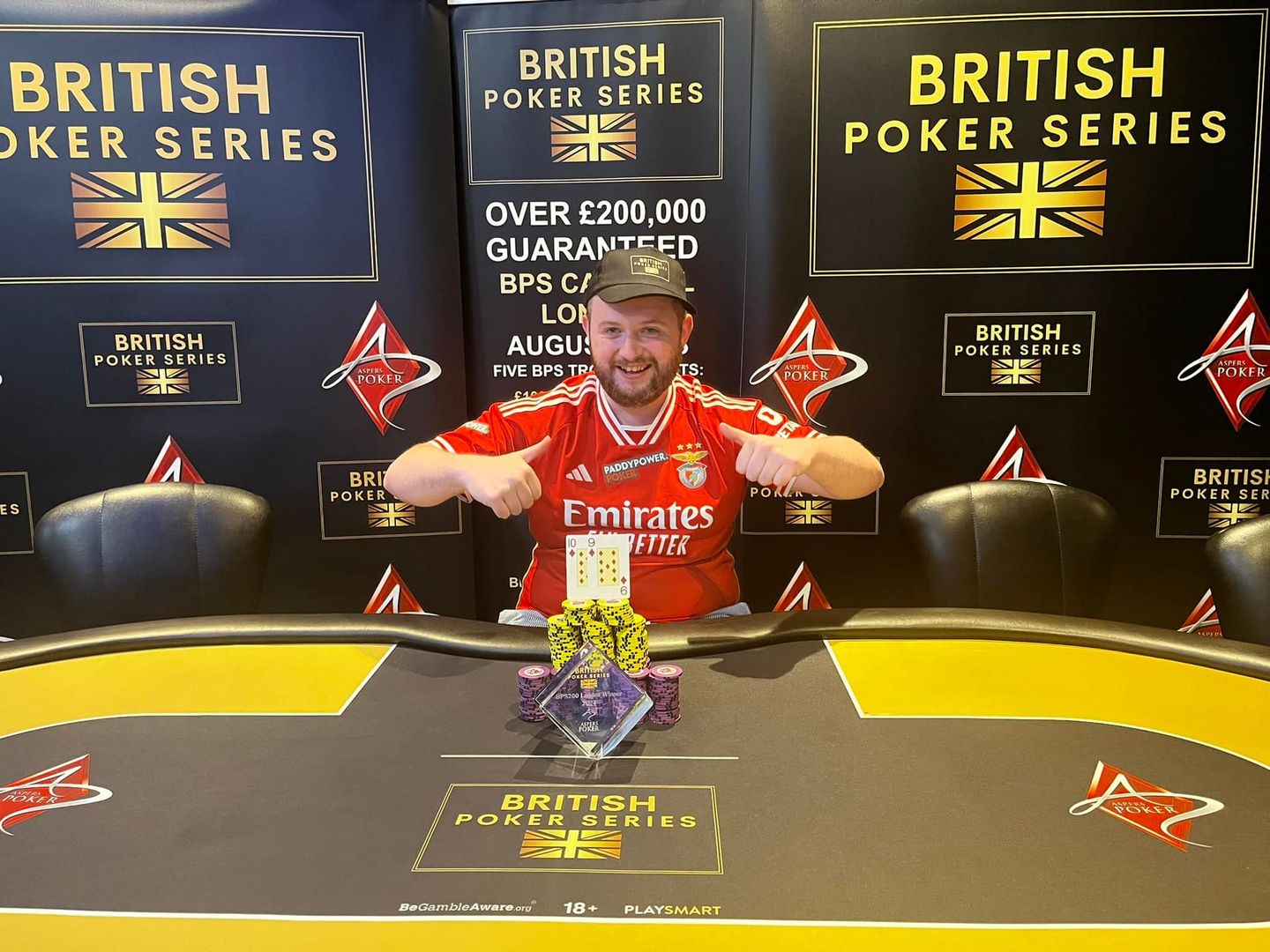 British Poker Series July champion with trophy