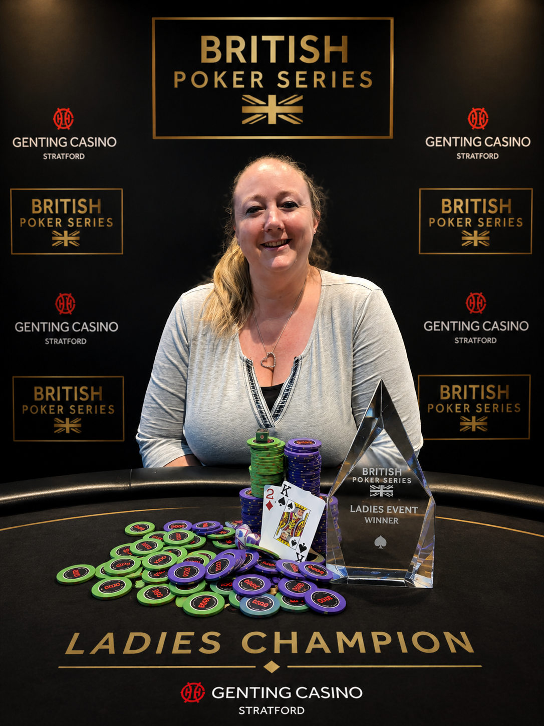 Karen Arthur BPS Ladies champion with trophy and chips